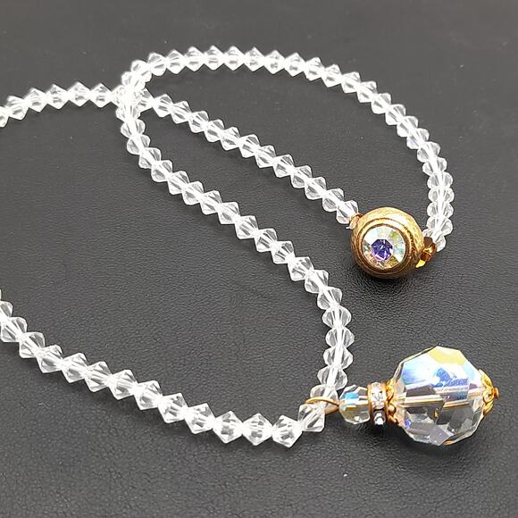 Vintage 1960s Crystal Faceted Pendant Necklace, AB Rhinestone Box Clasp, 17 Inch - Picture 4 of 11